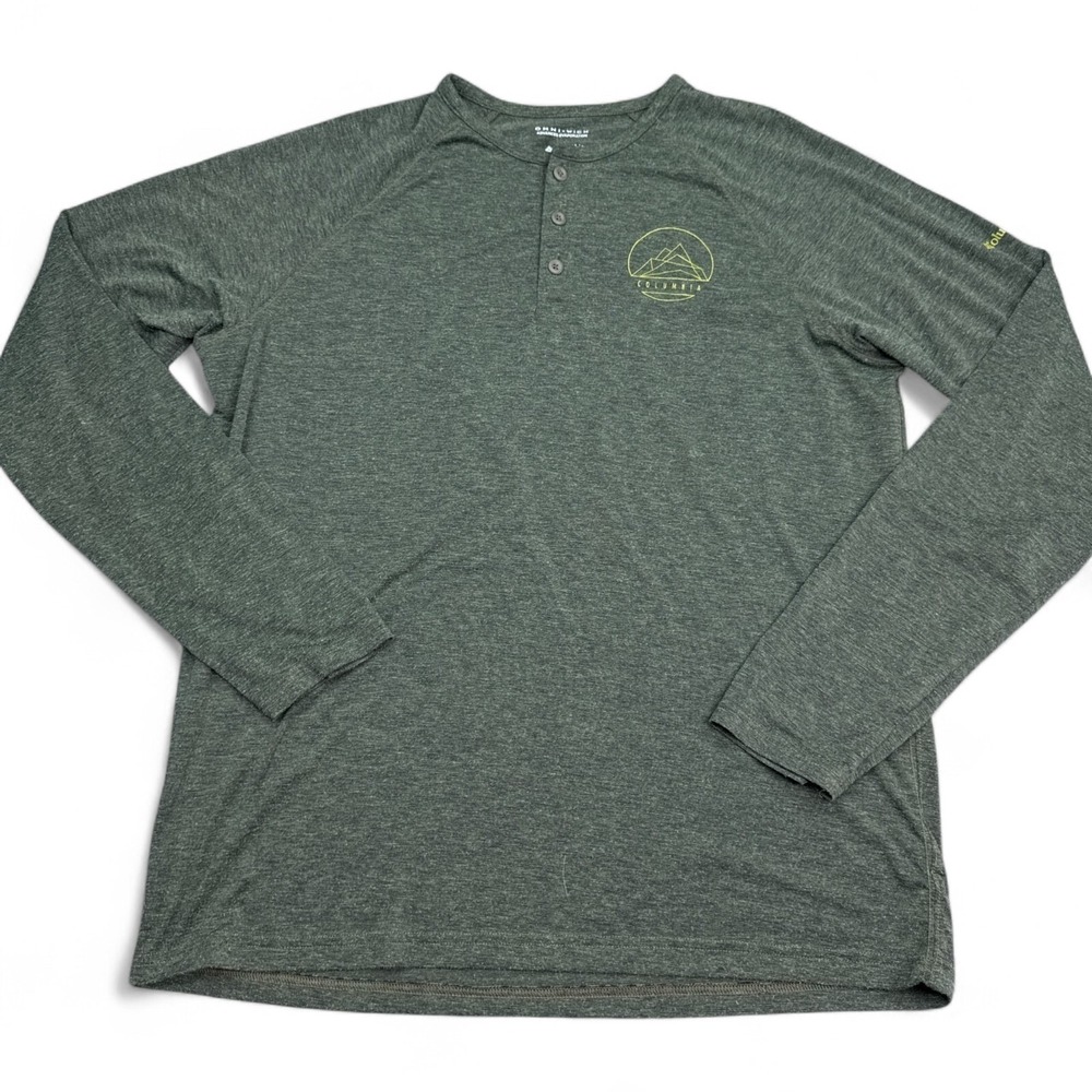 Columbia Henley Tee Shirt Adult Size Medium Green Mountain Logo Long Sleeve